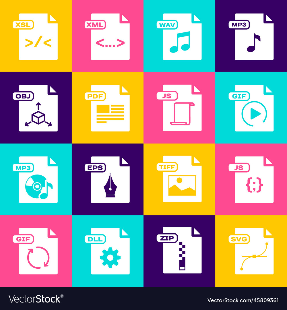 Set svg file document js gif wav pdf obj xsl vector image Set svg file document js gif wav pdf obj xsl