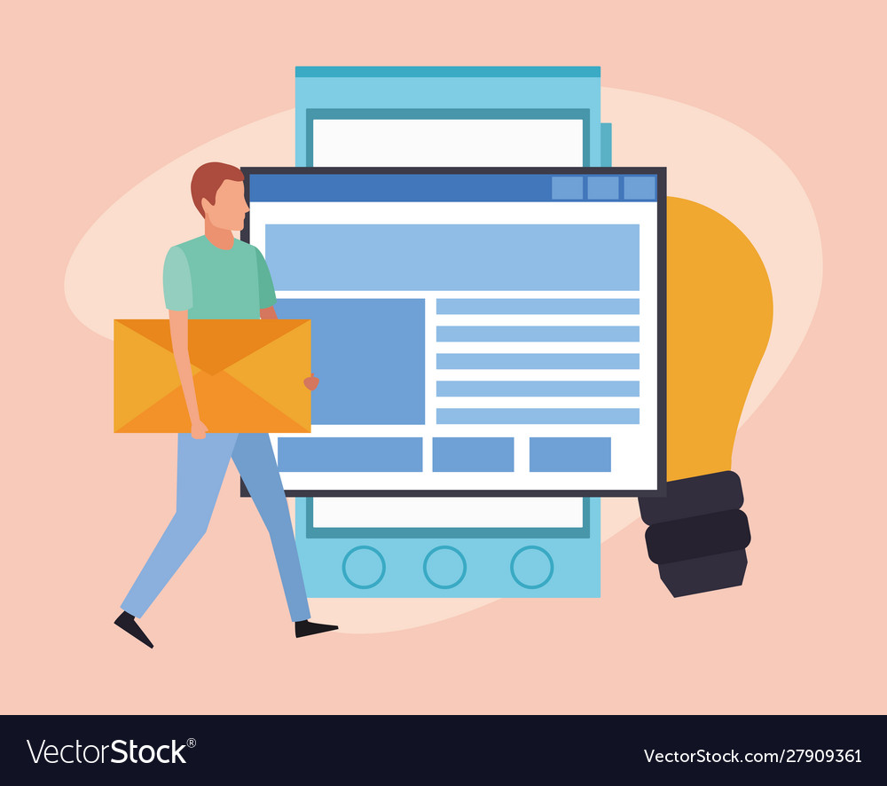 Windows web and man with big envelope vector image Windows web and man with big envelope