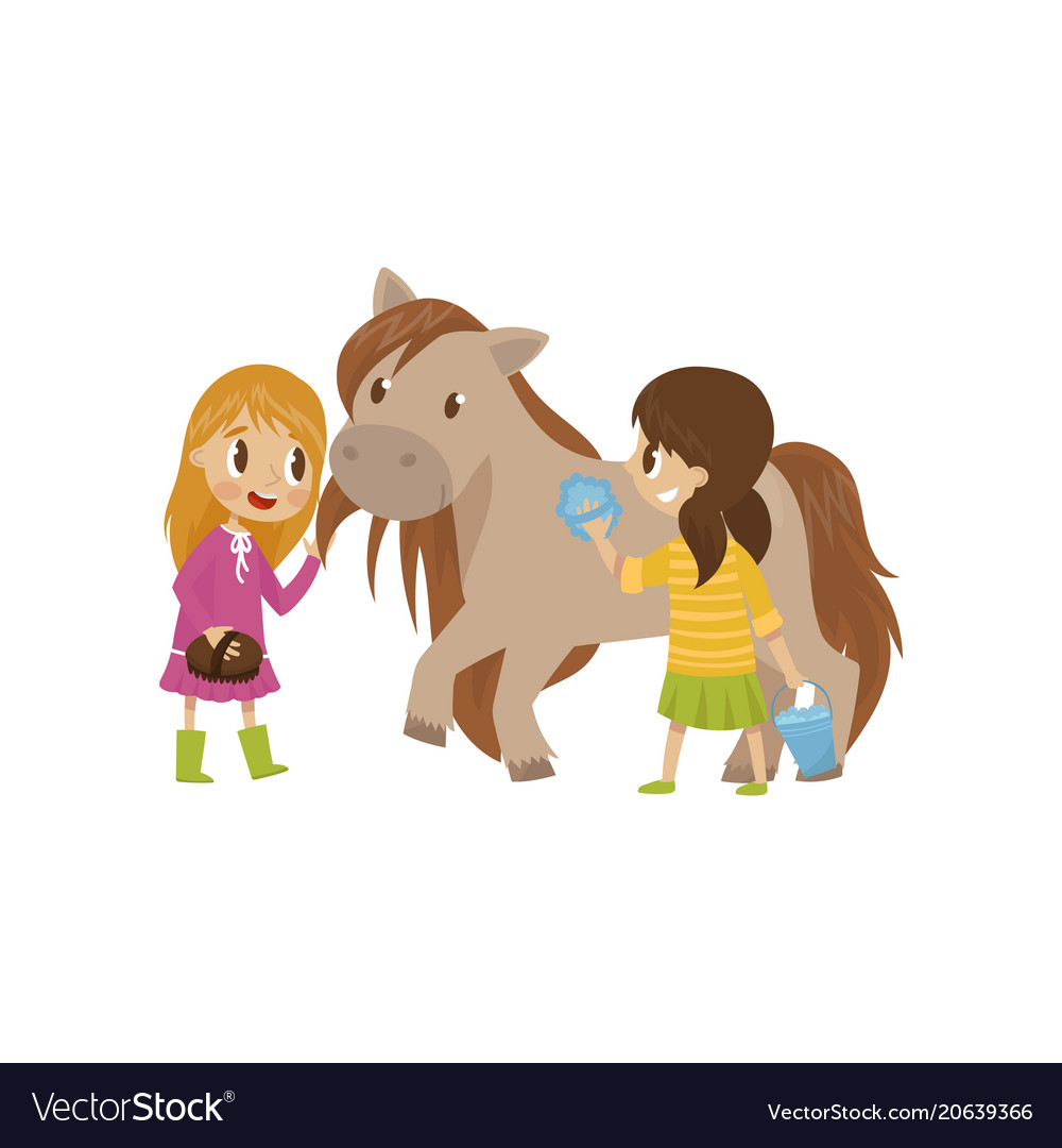 Cute litlle girls taking care of they horse Vector Image