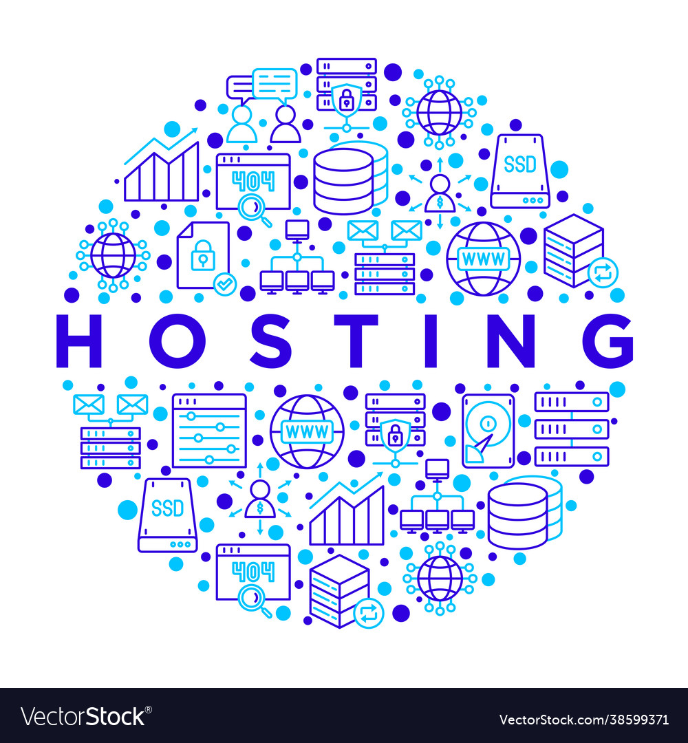 Hosting concept in circle with thin line icons vector image Hosting concept in circle with thin line icons