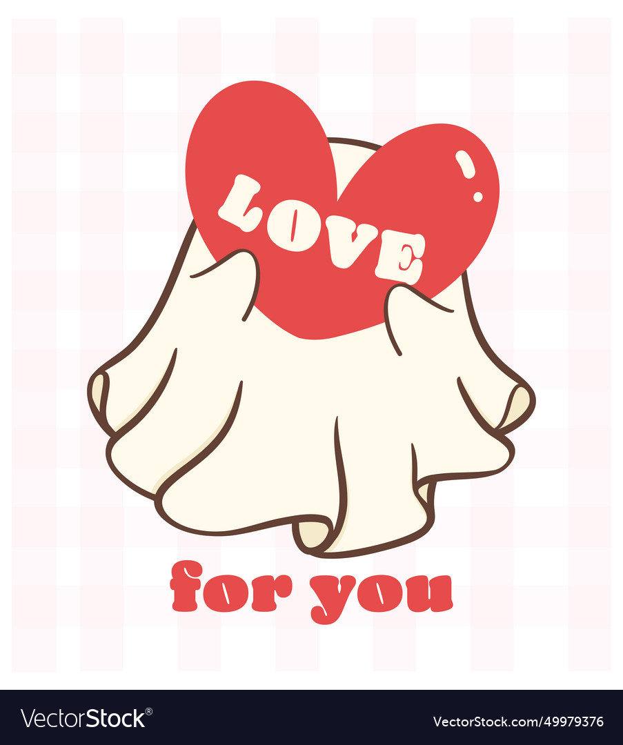 Cute retro valentine ghost with love heart kawaii