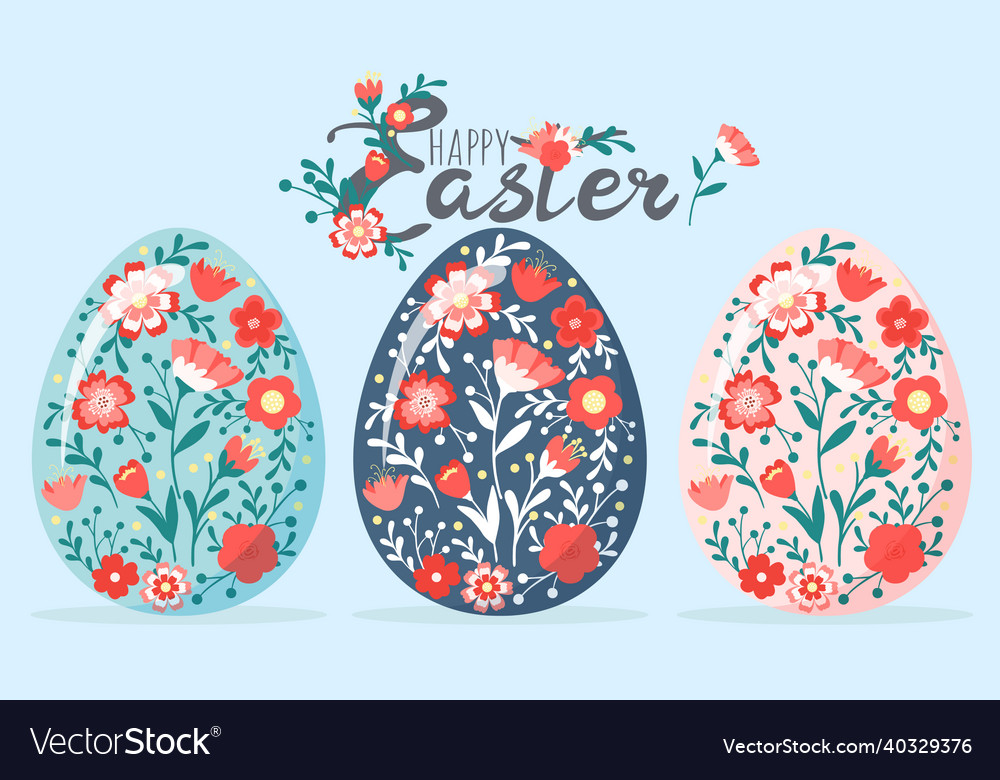 Decorative hand drawn eggs with cute flowers