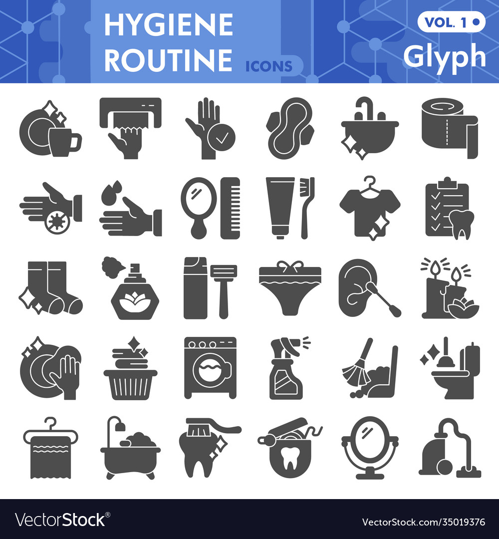 Hygiene routine solid icon set morning