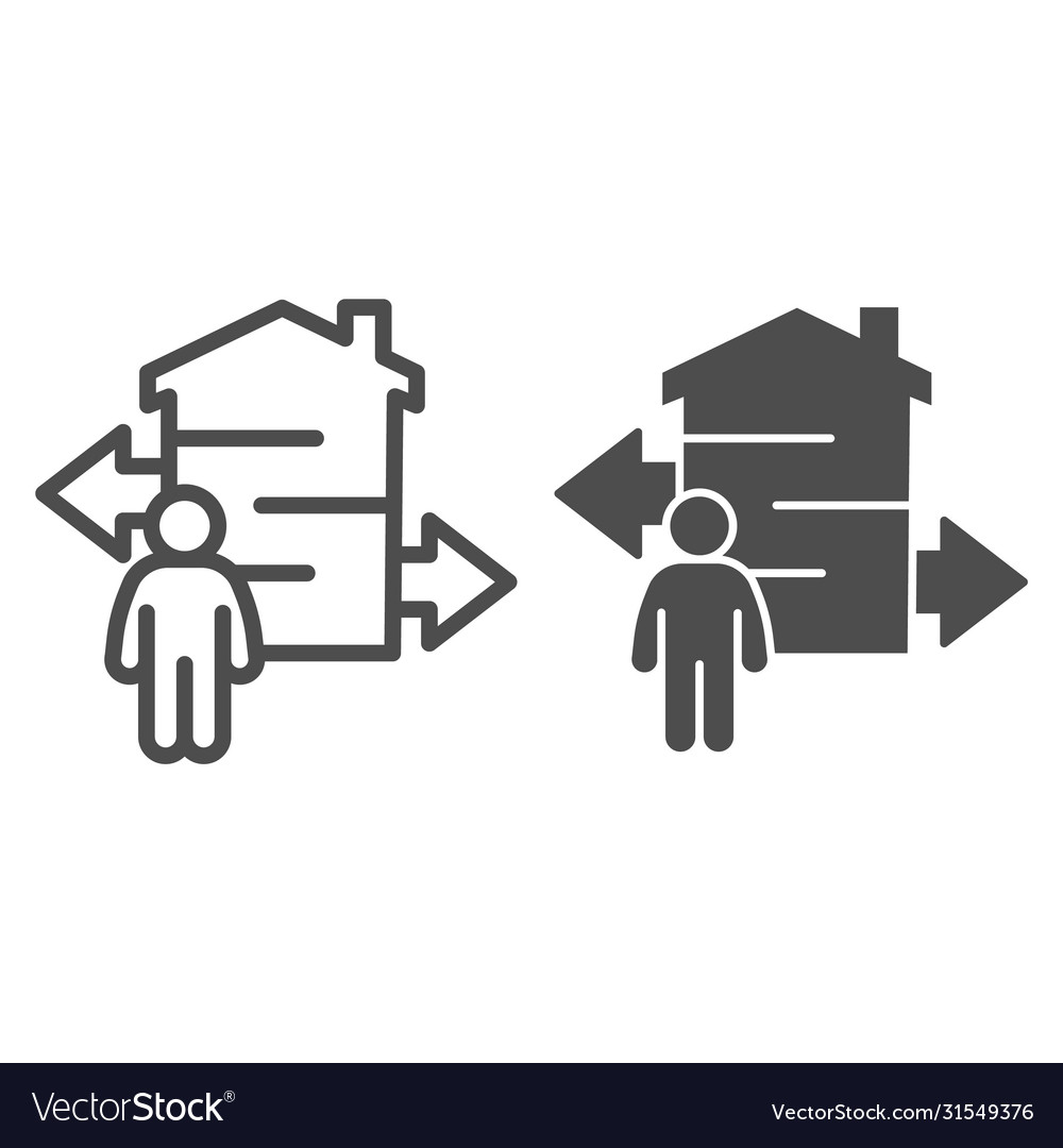 Man with arrows and building line solid icon vector image Man with arrows and building line solid icon