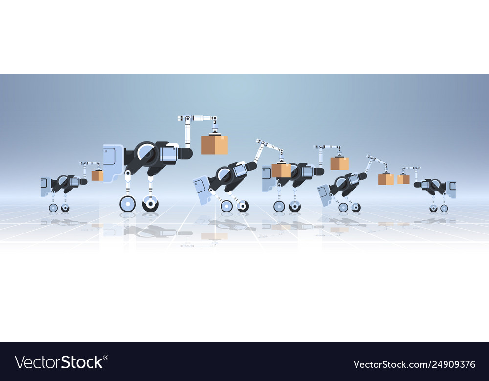 Robots loading cardboard boxes hi-tech smart vector image Robots loading cardboard boxes hi-tech smart