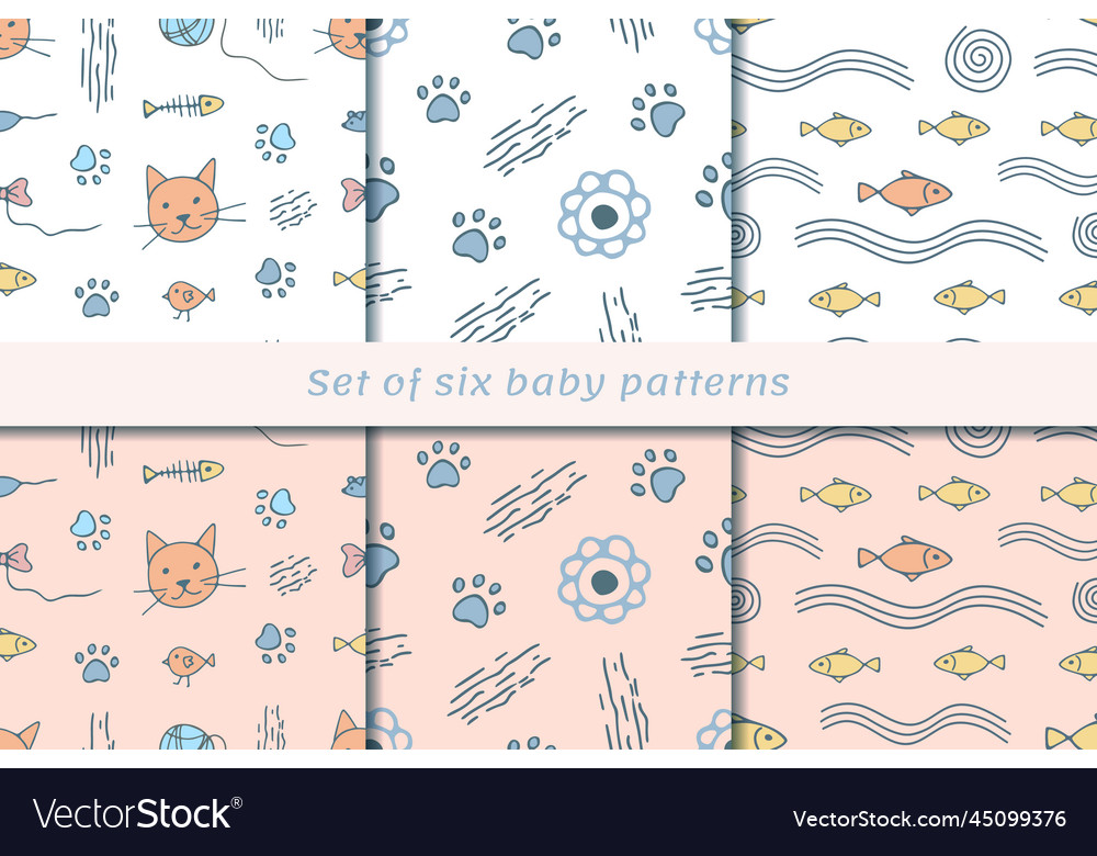 Set of seamless patterns with cat head and fish
