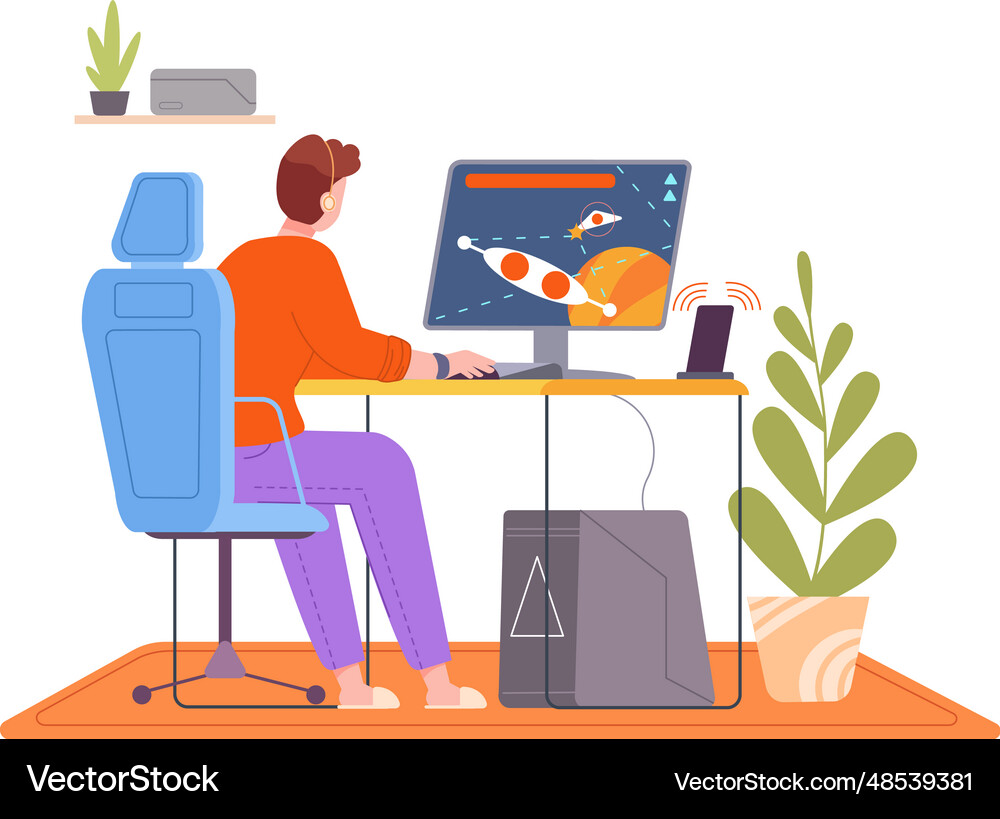 Boy playing space game on computer gamer Vector Image