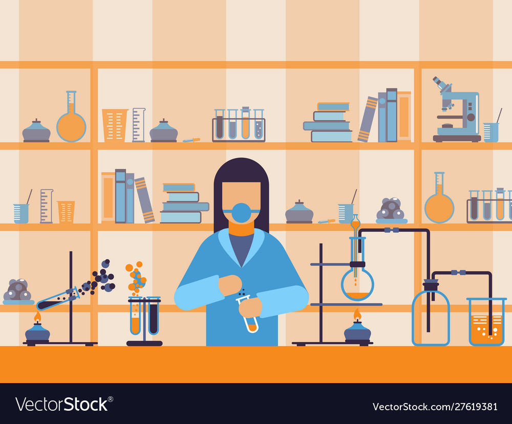 Chemist at work in laboratory flat style