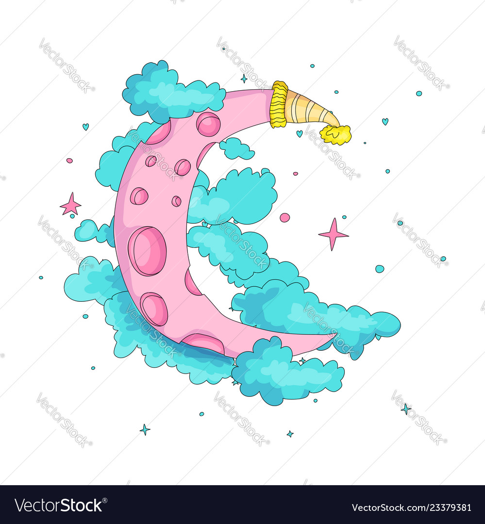 Fun cartoon pink crescent moon with cap among Vector Image