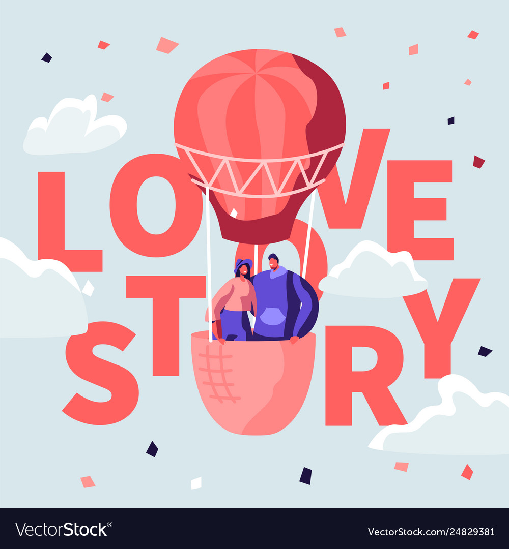 Love story poster with loving couple air balloon