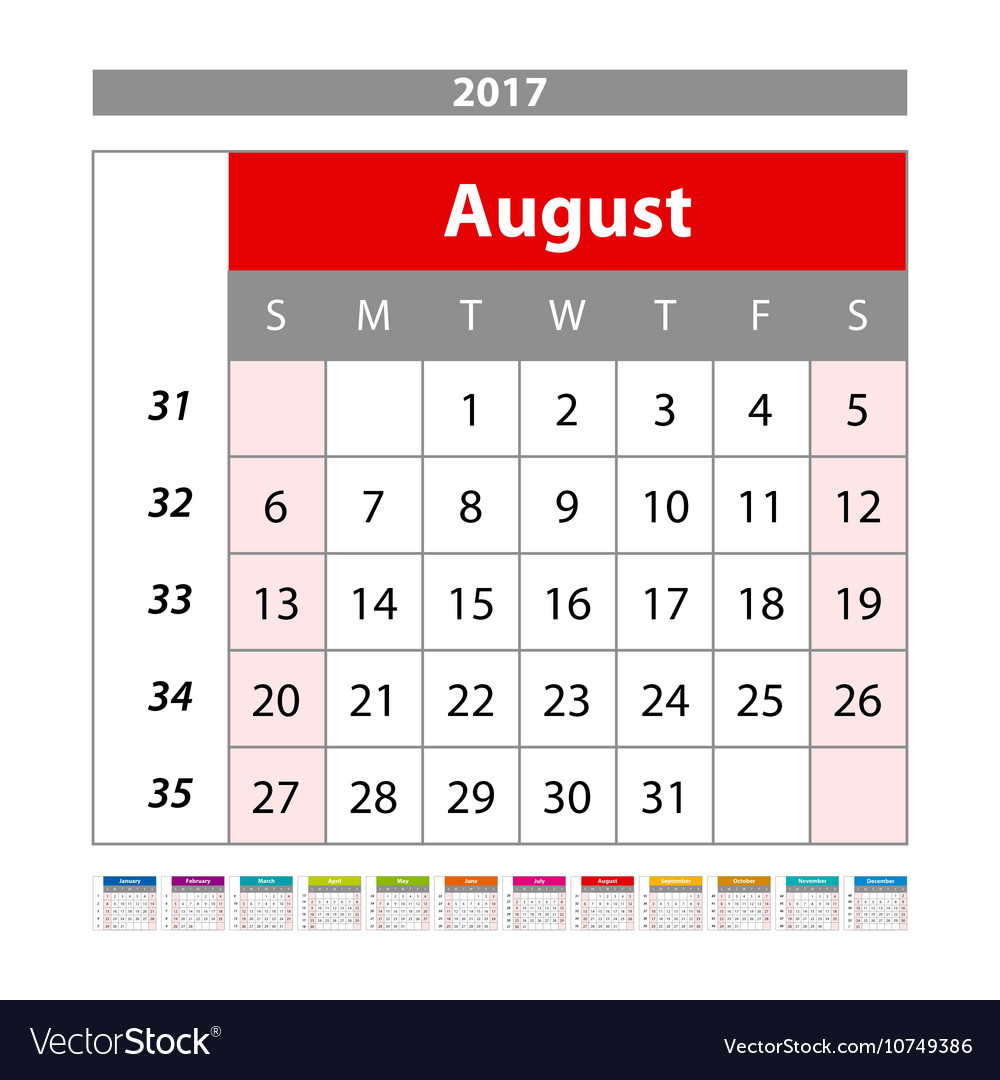 August 2017 calendar planner for year week Vector Image