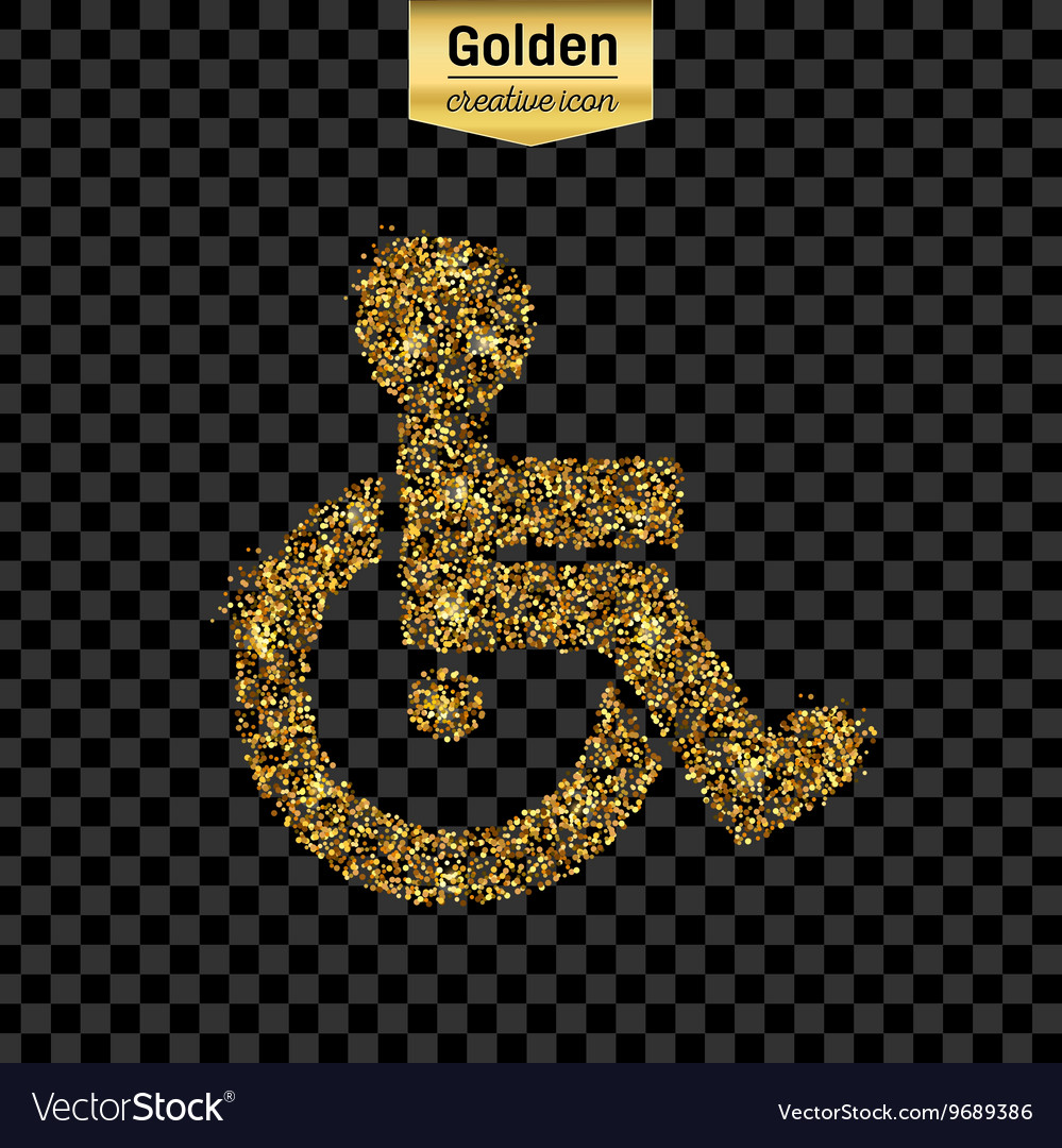 Gold glitter icon of wheelchair isolated