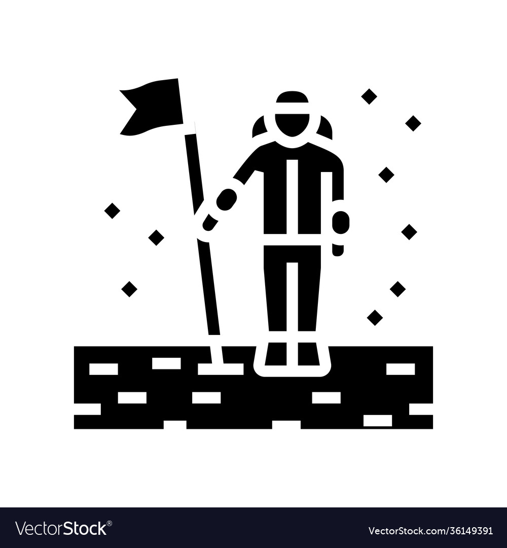 Astronaut installing flag on planet surface glyph vector image Astronaut installing flag on planet surface glyph