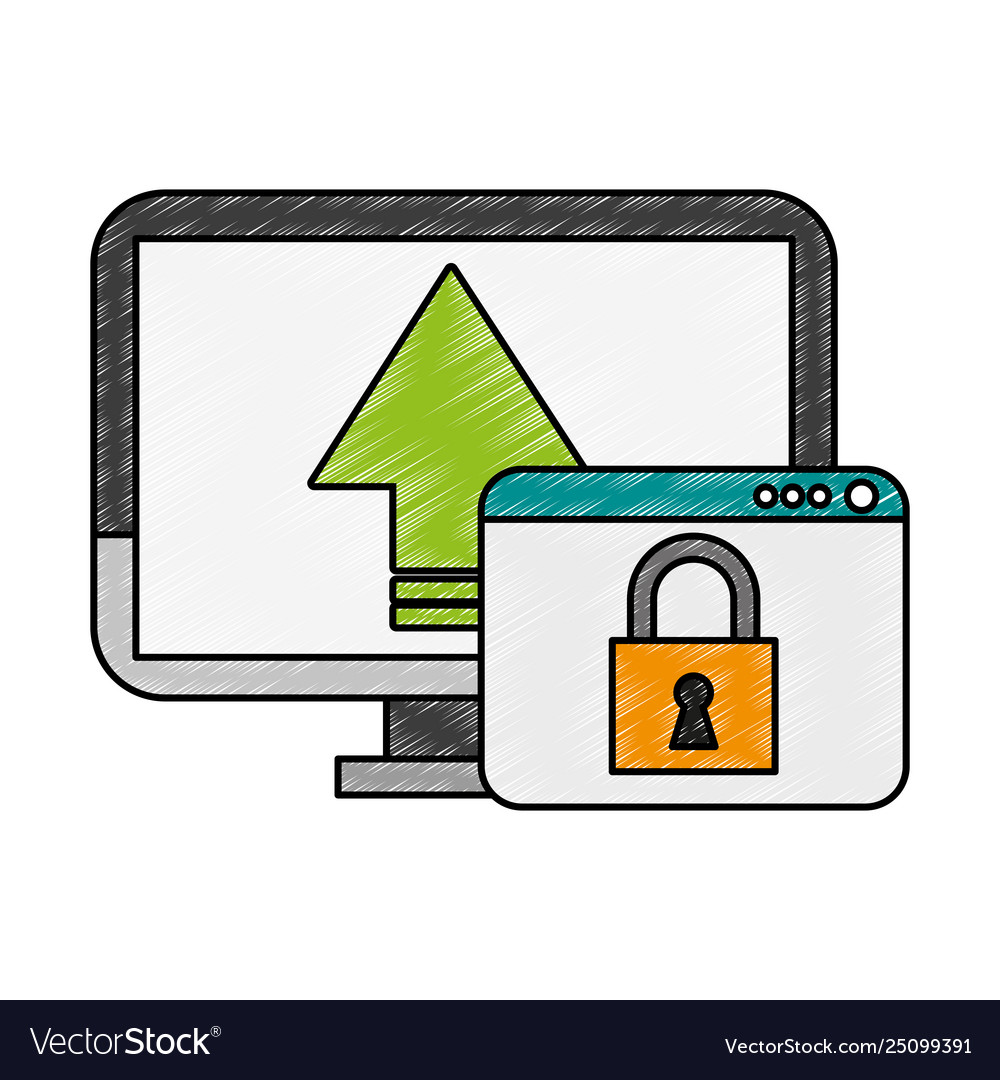 Pc with secure cloud scribble vector image Pc with secure cloud scribble