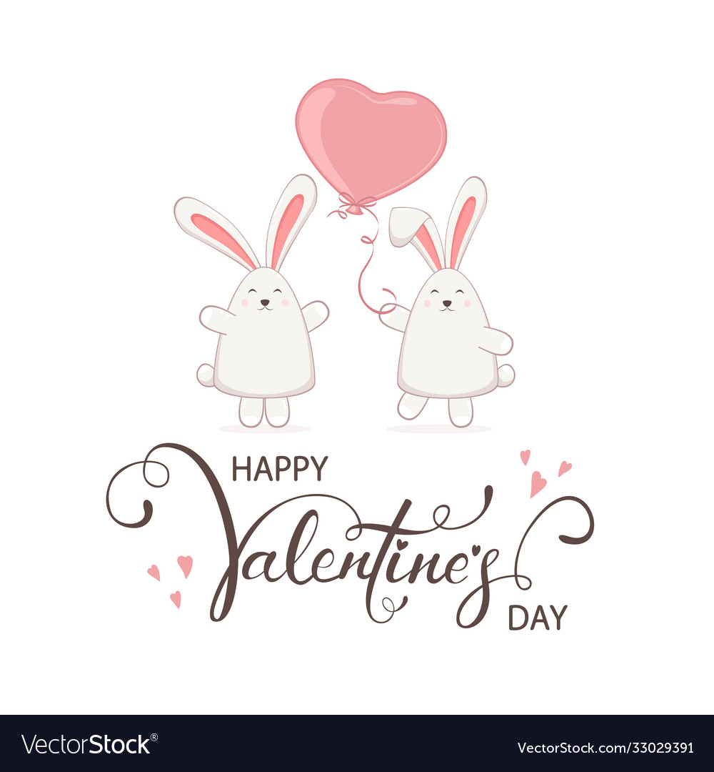 Two rabbits and pink valentines heart on white Vector Image