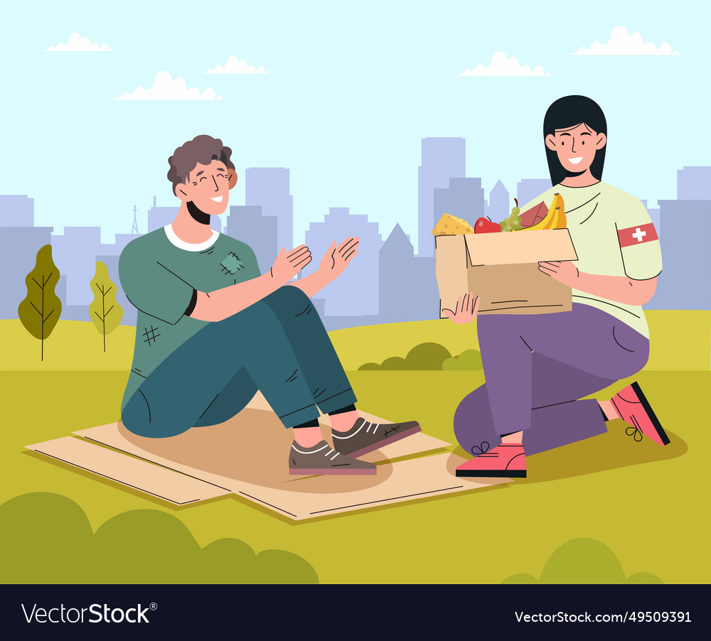 Volunteer helps man outdoor Royalty Free Vector Image