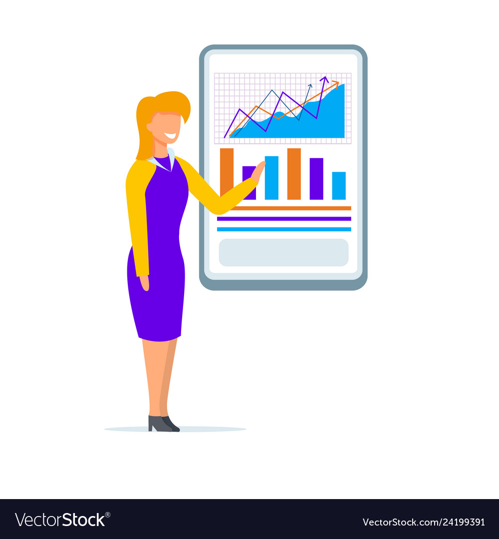 Woman coacher wearing presenting graphs on screen