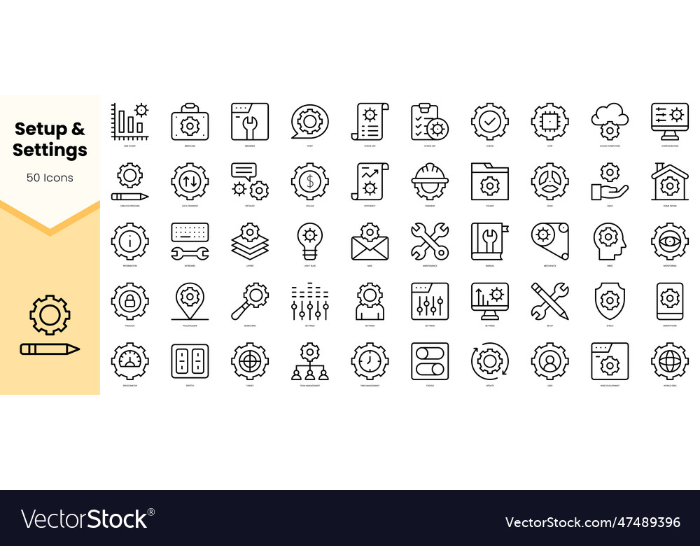 Set of setup and settings icons simple line art vector image Set of setup and settings icons simple line art