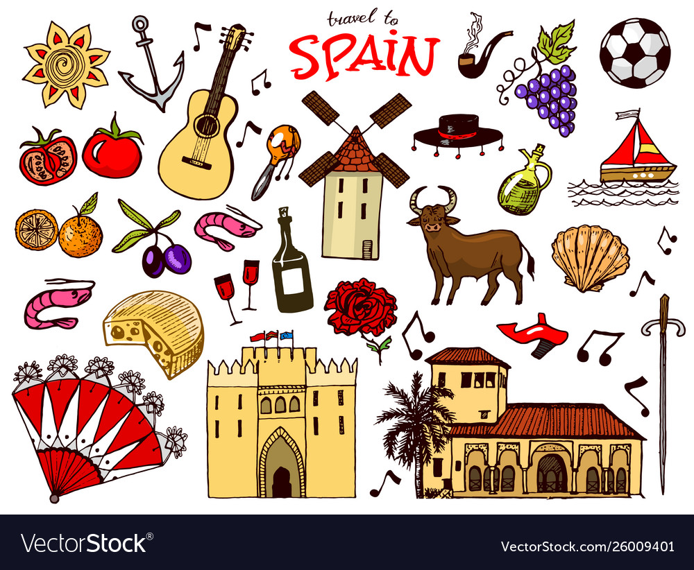 Spanish traditional symbols and objects set Vector Image