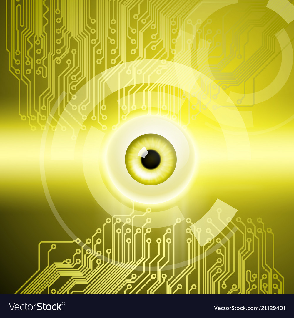 Yellow background with eye and circuit vector image Yellow background with eye and circuit