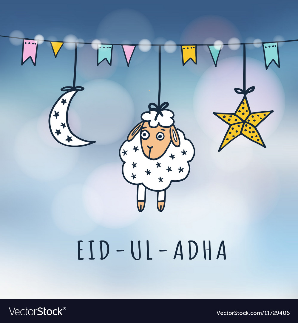 Eid-ul-adha mubarak greeting card with sheep moon Vector Image