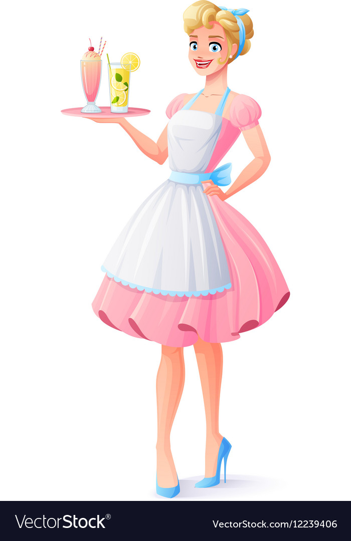 Housewife with apron holding tray with Royalty Free Vector