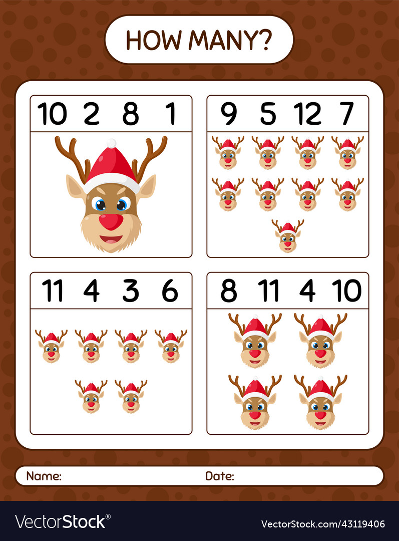 How many counting game with reindeer worksheet Vector Image How many counting game with reindeer worksheet