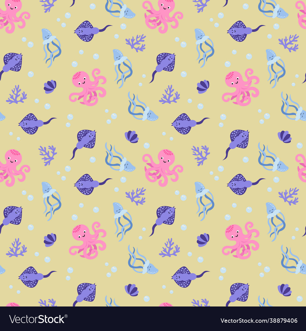 Seamless pattern with octopuses stingrays Vector Image Seamless pattern with octopuses stingrays