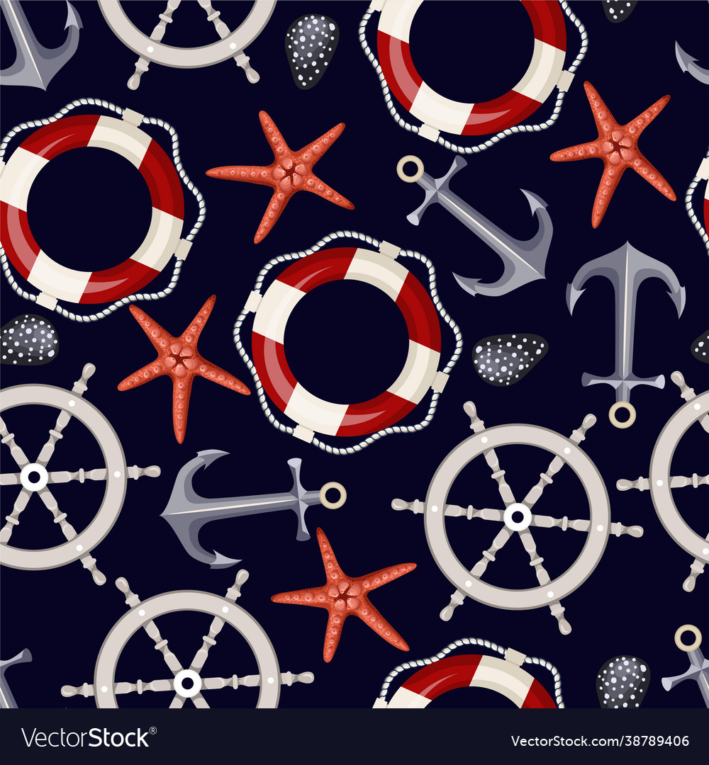 Seamless pattern with starfishes anchors shells