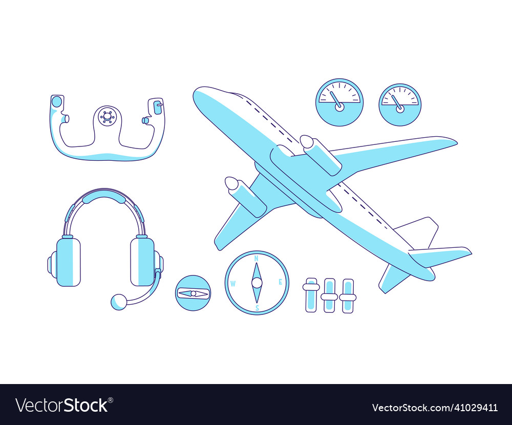 Aviation items turquoise linear objects set
