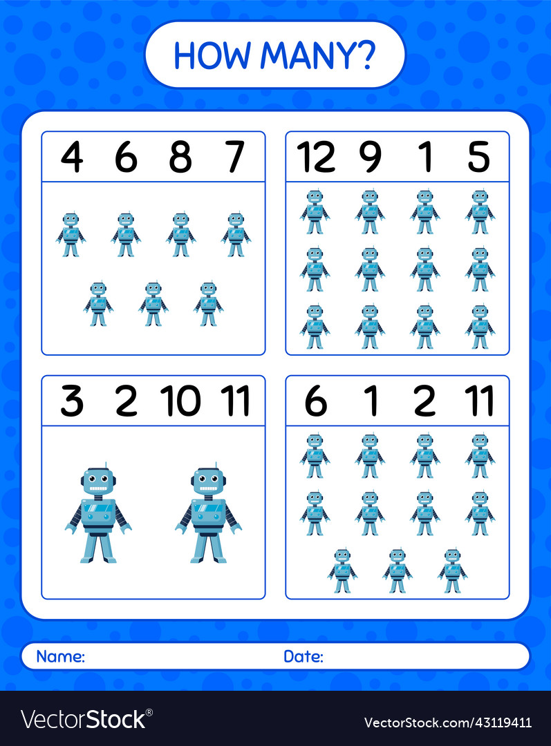 How many counting game with robot toy worksheet vector image How many counting game with robot toy worksheet