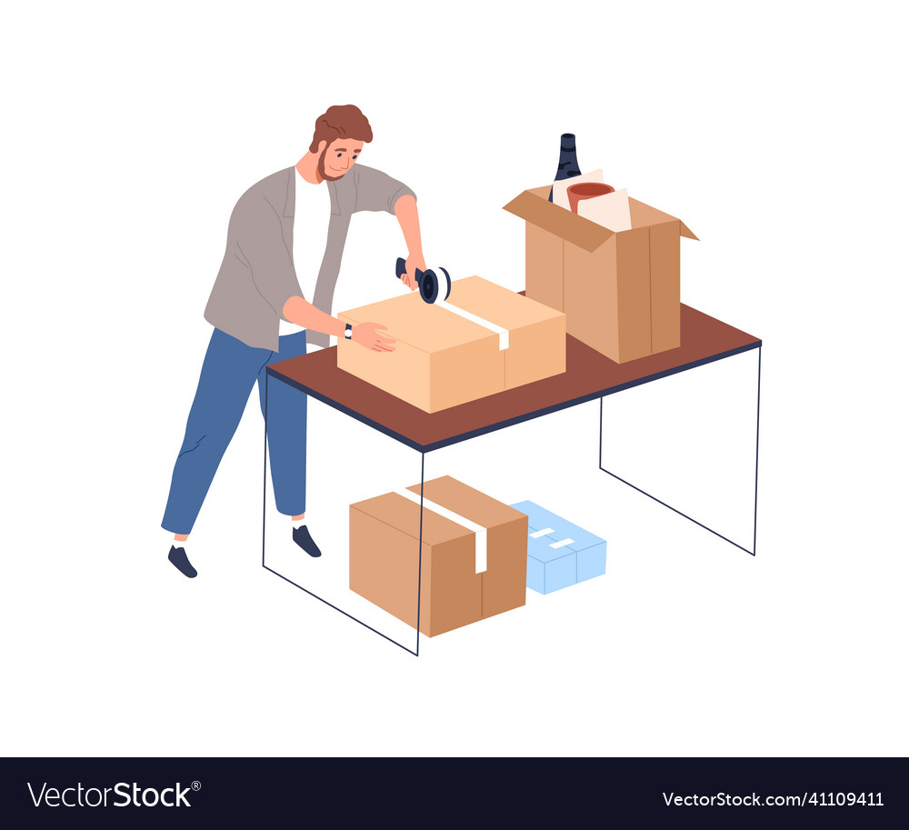 Man Packing Boxes with Tape