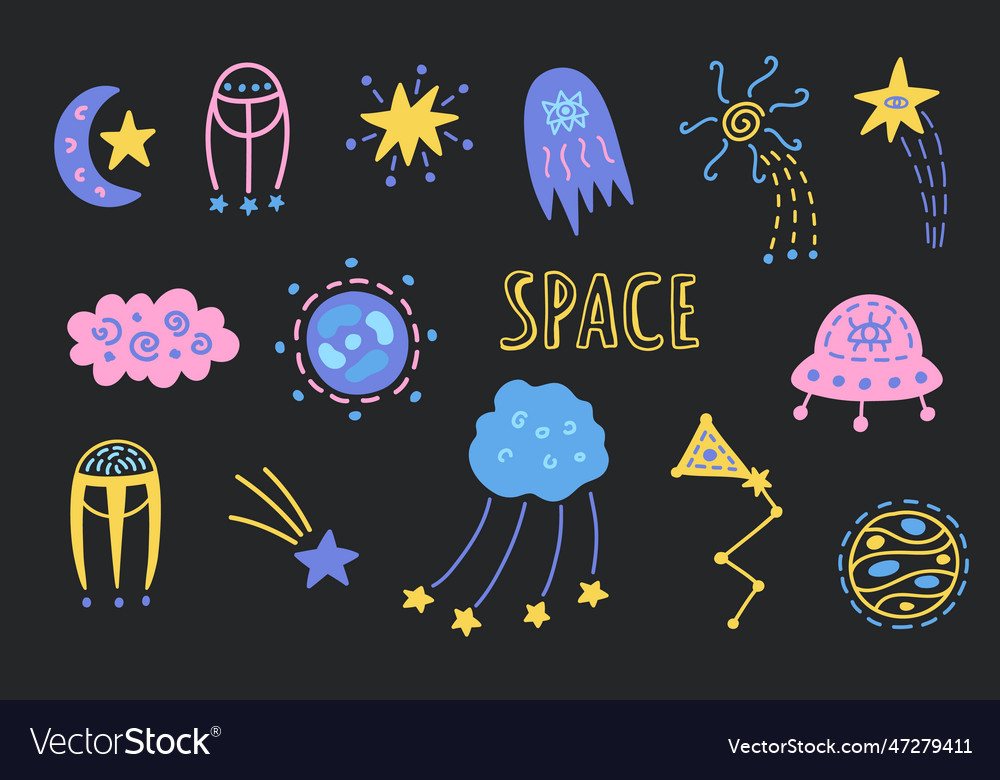 Outer space cute cosmic hand drawn doodles set