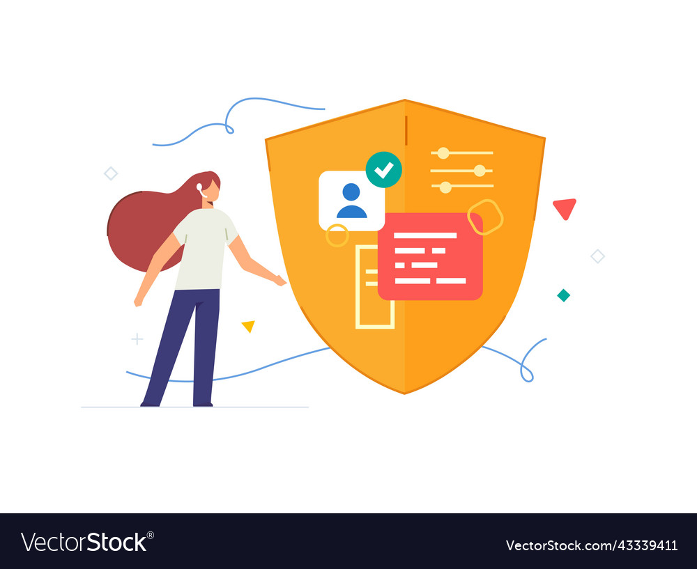 Webfemale operator stands next to the shield data vector image Webfemale operator stands next to the shield data