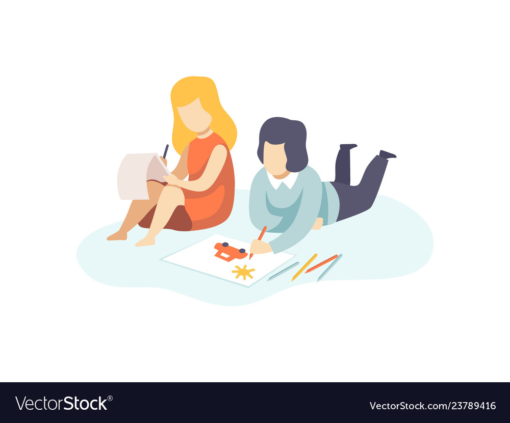 Cute Boy And Girl Drawing With Pencils Kids Vector Image