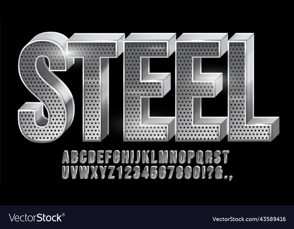 Perforated steel font metal typeface metallic Vector Image