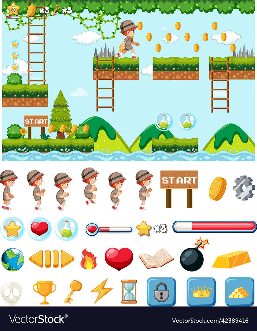 Platform game background template with items vector image Platform game background template with items
