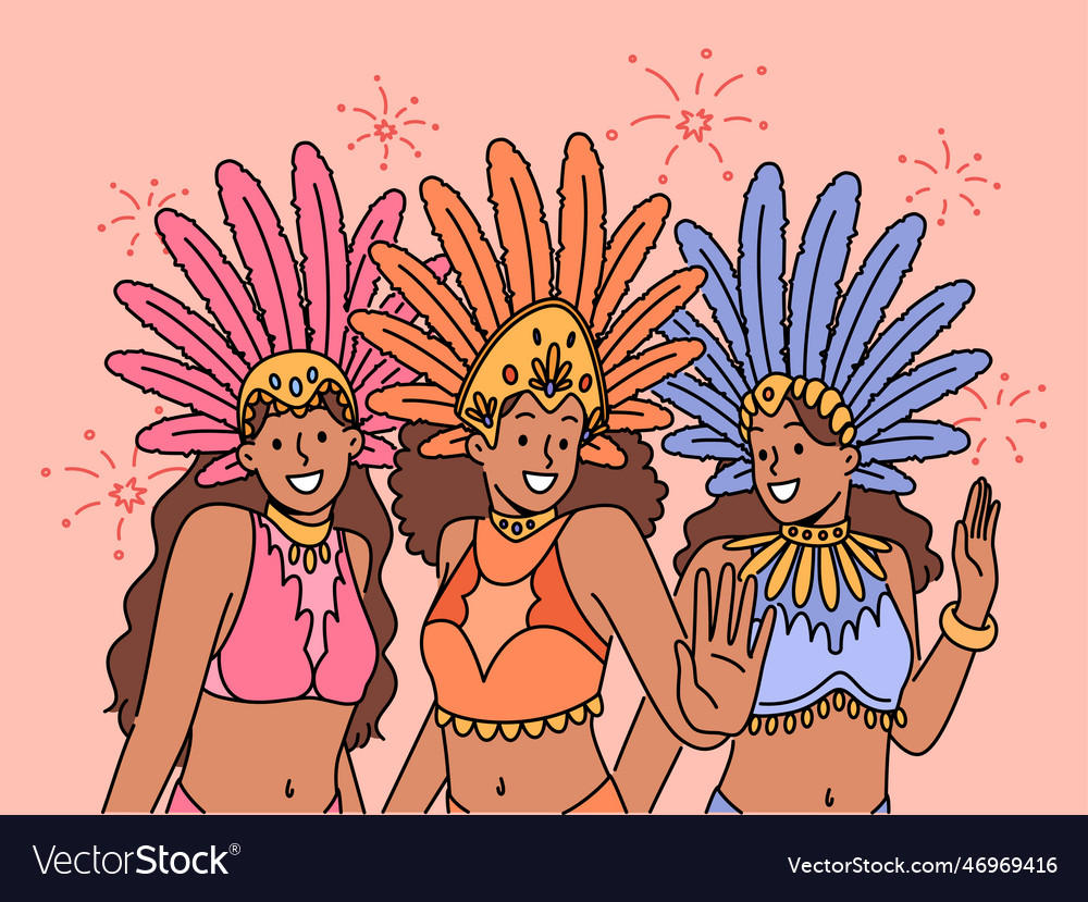 Frauen in bunten Kostümen tanzen auf Fasching vector image Frauen in bunten Kostümen tanzen auf Fasching