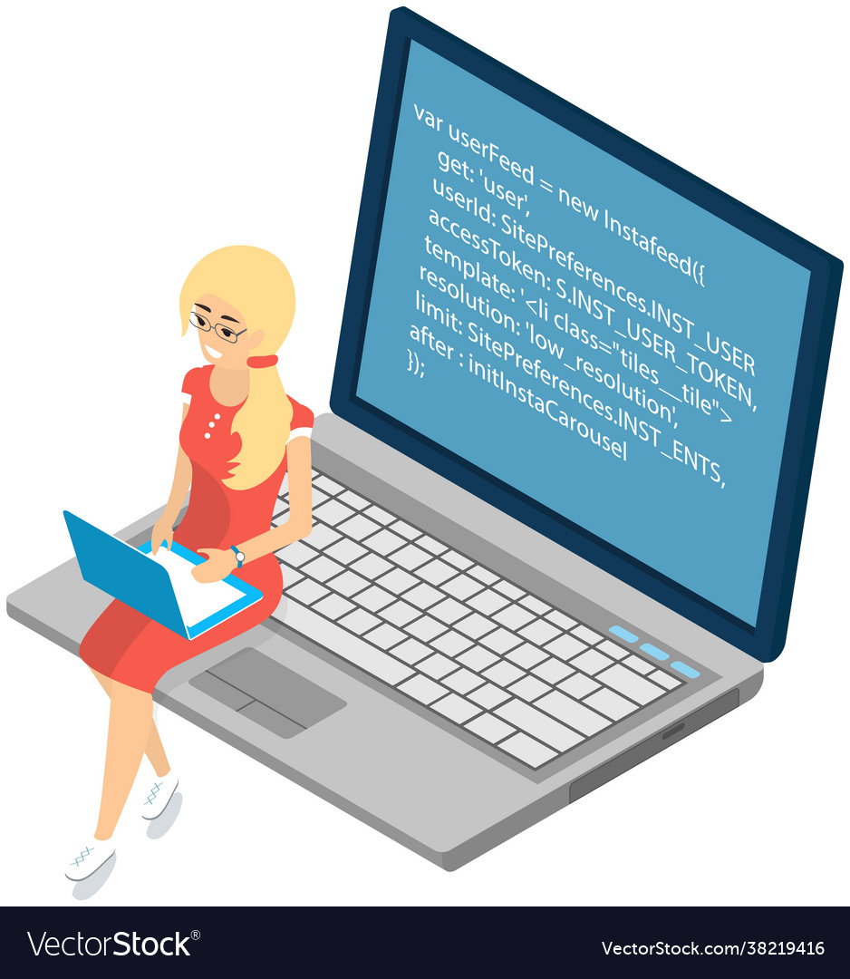 Young woman sitting on computer and working vector image Young woman sitting on computer and working