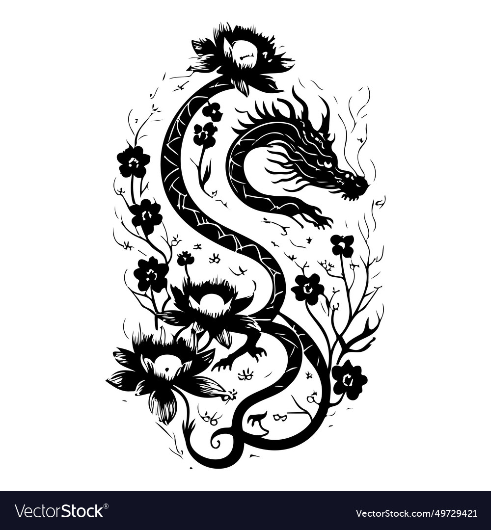 Chinese dragon flower sketch hand draw Royalty Free Vector