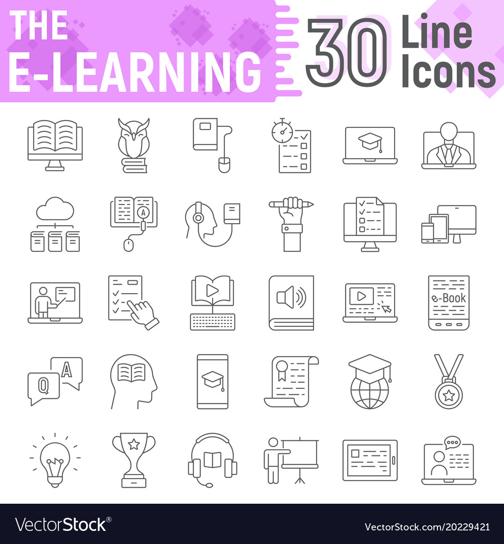 E learning thin line icon set online education