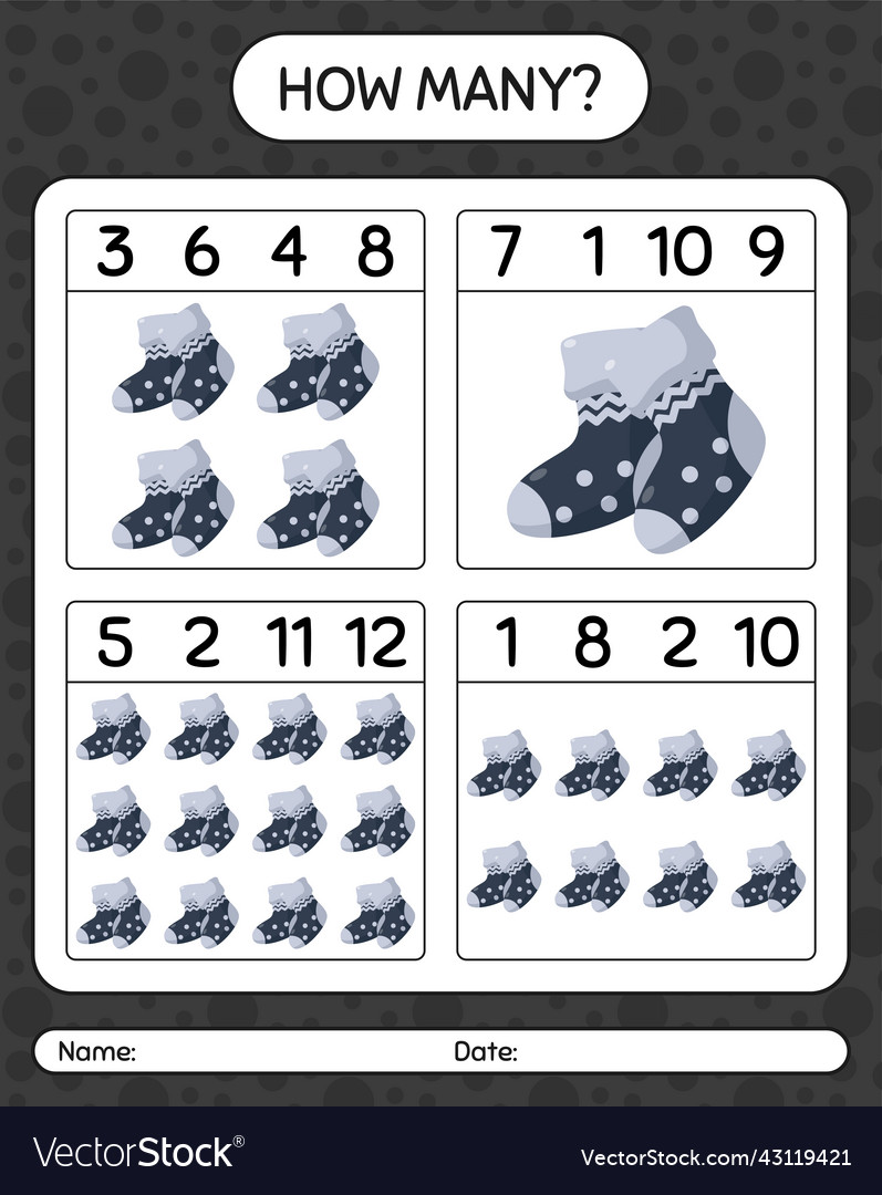 How many counting game with sock worksheet Vector Image How many counting game with sock worksheet