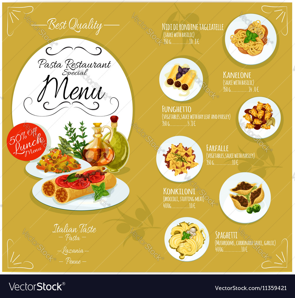 Pasta menu card template Royalty Free Vector Image