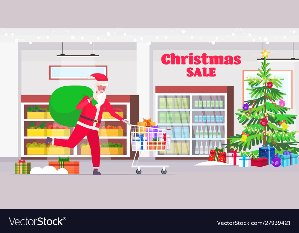 Santa claus with big sack pushing trolley cart Vector Image