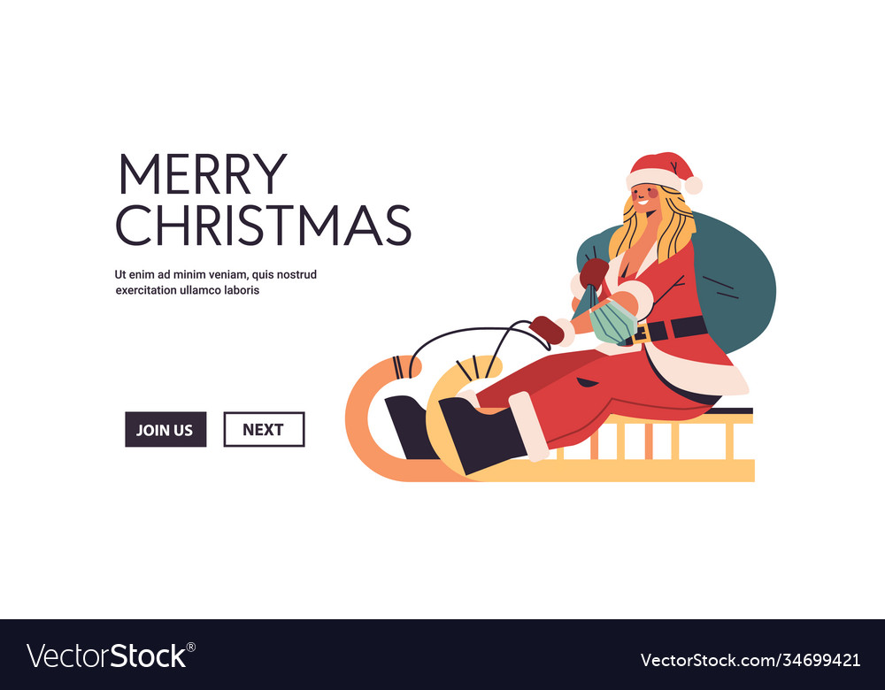 Woman in santa claus costume riding sledge happy