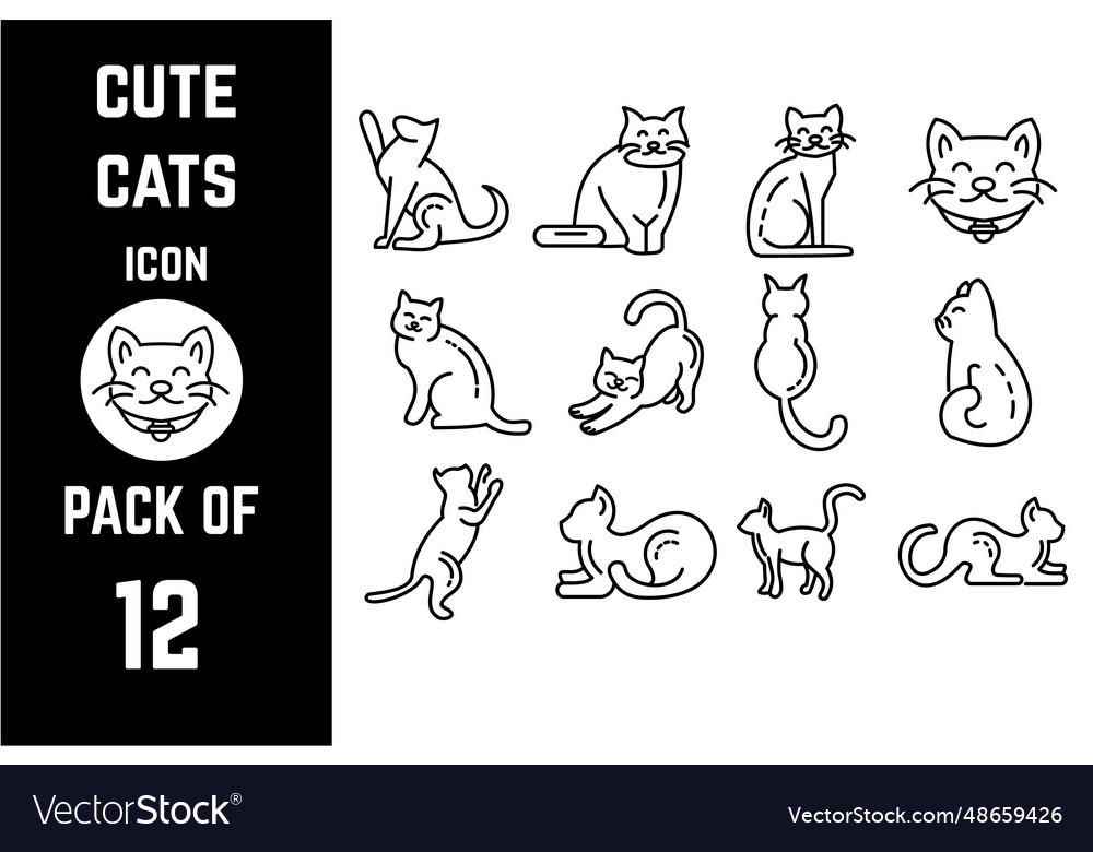 Cute cats icon pack bundle lineart template Vector Image, cats icon pack 