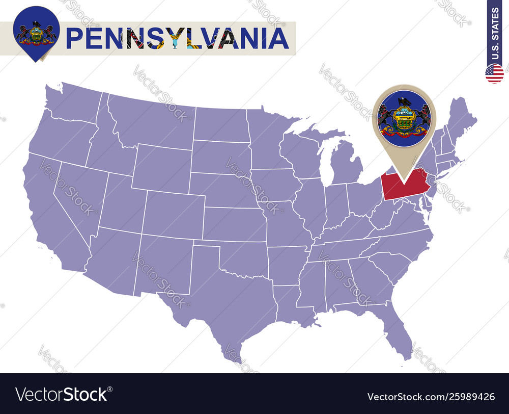 Pennsylvania state on usa map flag