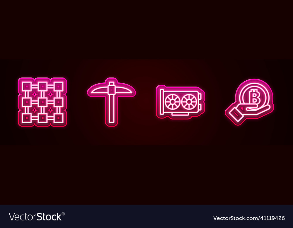 Set line blockchain technology pickaxe video vector image Set line blockchain technology pickaxe video
