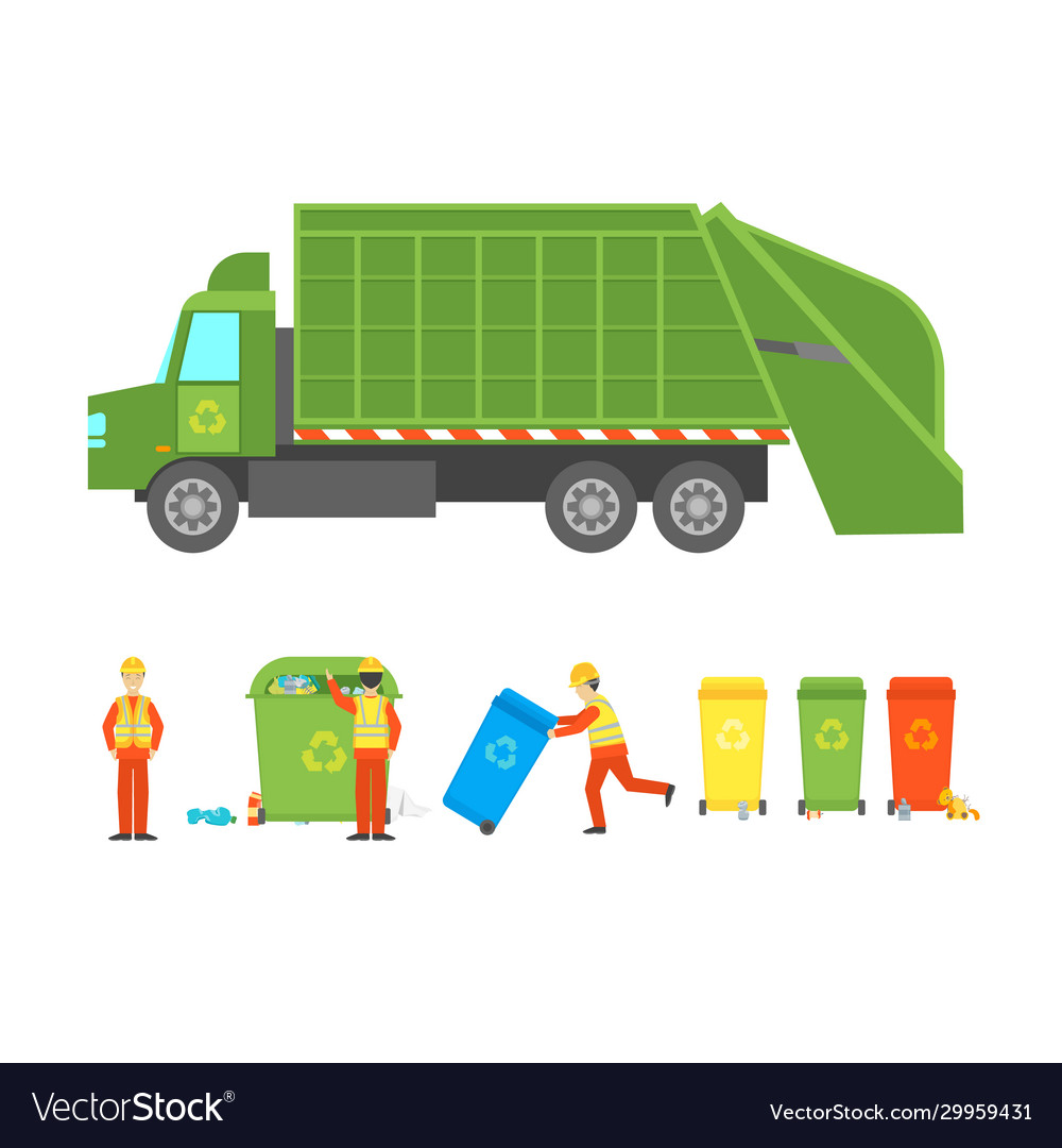 Cartoon working with garbage icon set vector image Cartoon working with garbage icon set