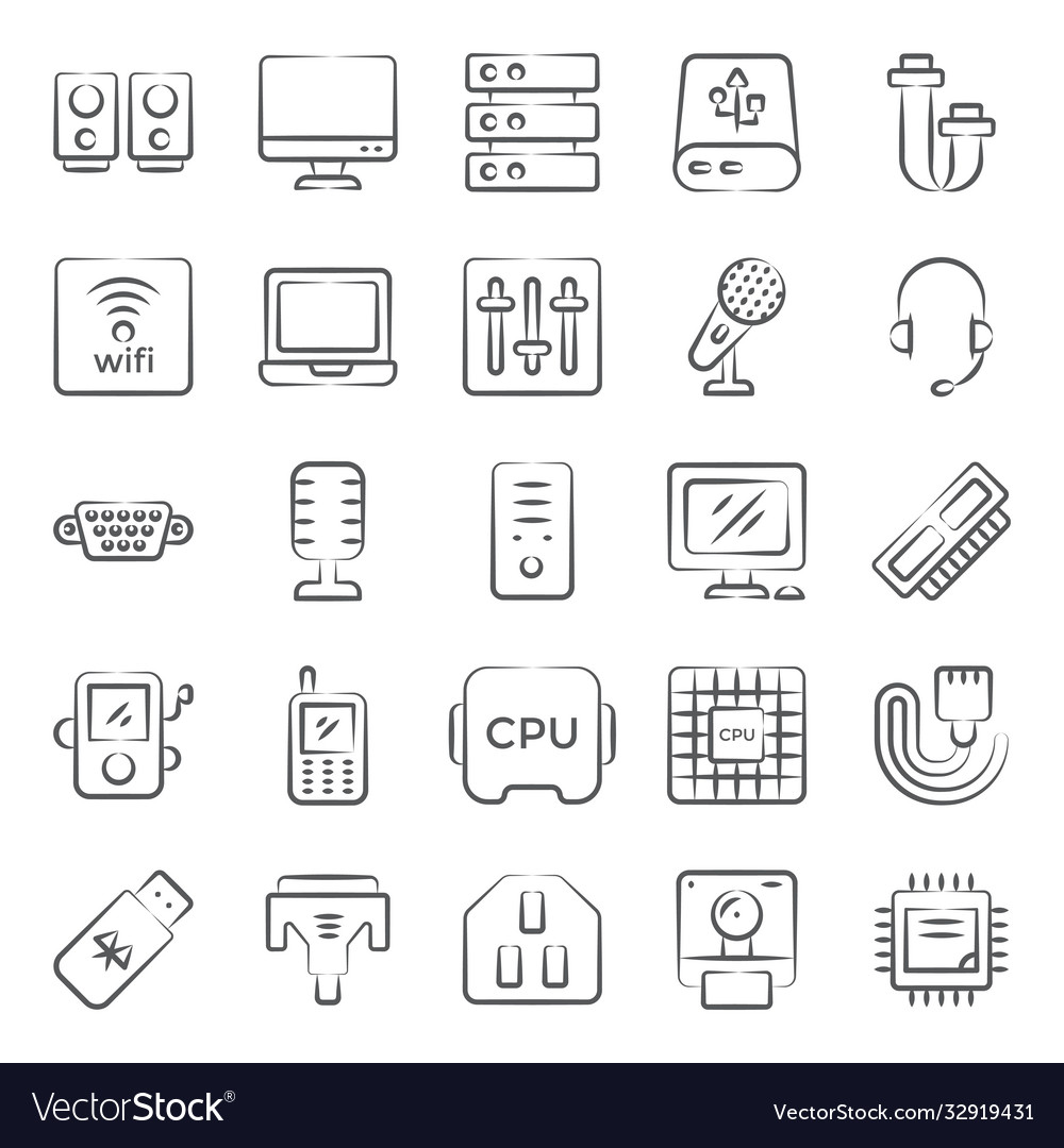 Computer component icons in modern linear style p